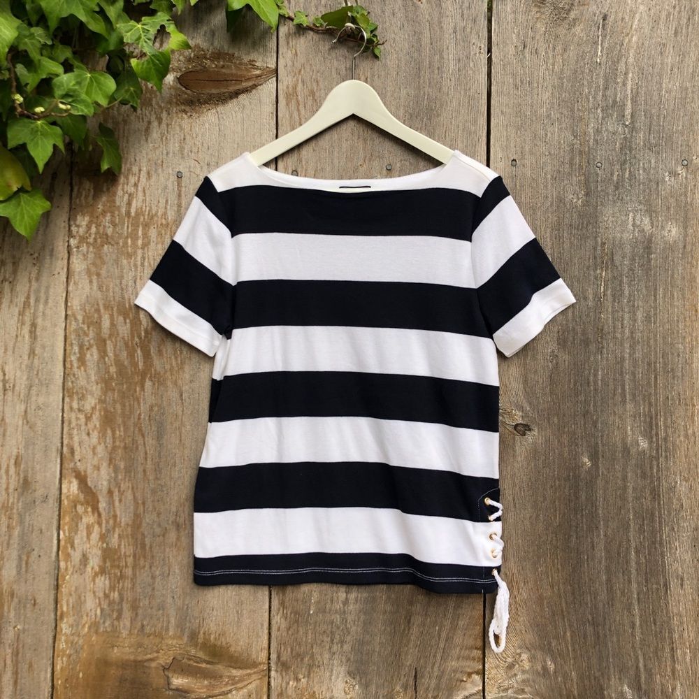 CHAPS bold wide stripe side tie Tee Tshirt Top Size L coastal nautical resort